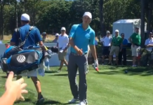 Jordan Spieth Signs a Budweiser Bottle For a Fan Mid-Round at The Barclays