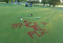 Not Cool Whoever Spray Painted ‘Stick it in Plz’ On the Green at a Texas Golf Course