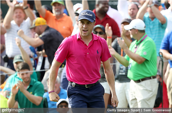 Justin Thomas is pumped after chip-in birdie on 13.