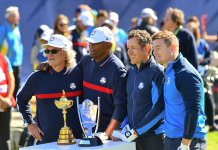 2018 Ryder Cup Photos: Day Two Actors Kurt Russell, Samuel L. Jackson comedian Dany Boon and footballer Brian O'Driscoll 2018 Ryder Cup