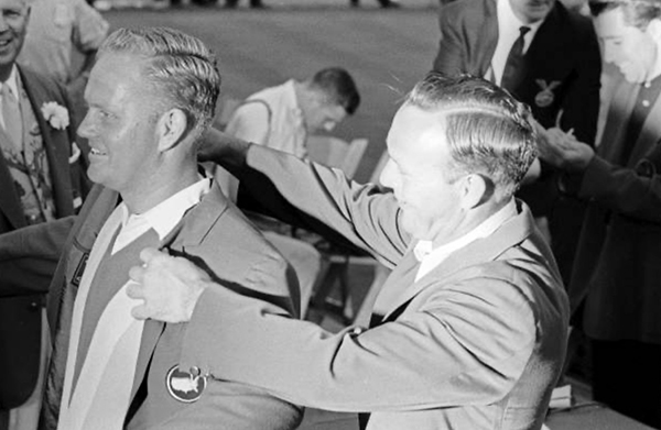 Jack Nicklaus wins 1965 Masters Arnold Palmer does jacket honor