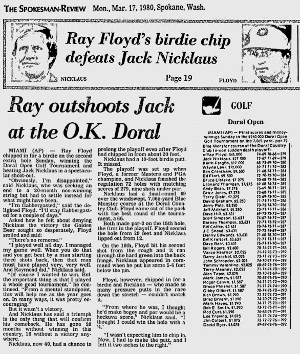 Trump Doral PGA Tour History Floyd Wins 1980 Newspaper