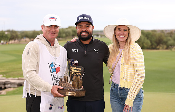 2026-Valero Texas Open JJ Spaun Wins Trophy Caddie Wife