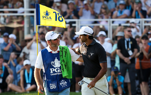 Aaron Rai wins PGA Championship Wanamaker Trophy Caddie