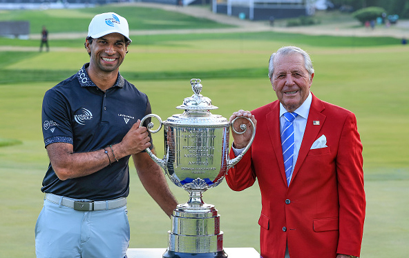 Aaron Rai wins PGA Championship Wanamaker Trophy Gary Player